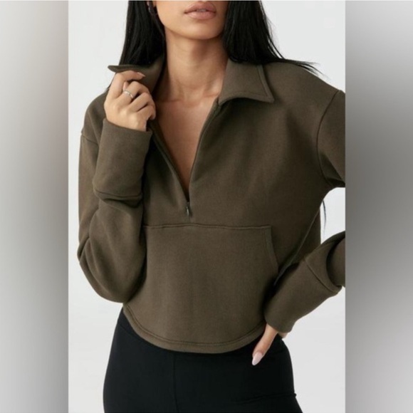 Joah Brown Tops - Joah Brown Aspen Half Zip Brown Cropped French Terry Kangaroo Pocket-M/L